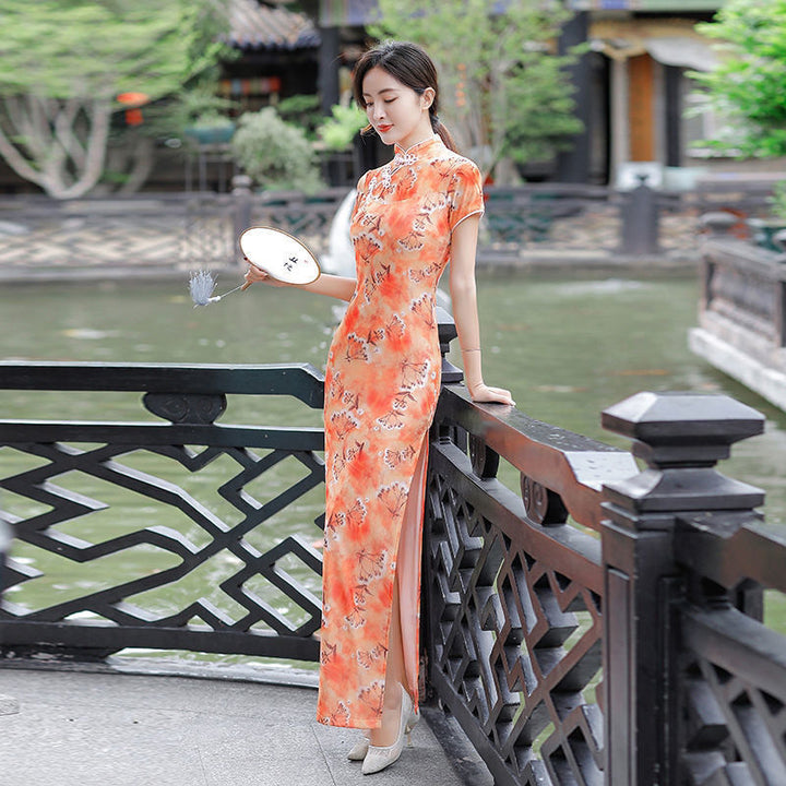 Vestido cheongsam largo de verano 2025, doble capa, talla grande, retro, mejorado, ajustado, para uso diario.