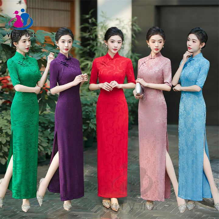 Nuevo cheongsam rojo 2025, vestido largo mejorado para desfiles y reuniones anuales, vestido para brindis, vestido de compromiso juvenil.