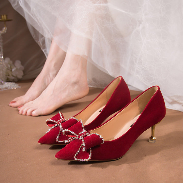 Zapatos de boda Xiuhe estilo chino para mujer 2025, zapatos de boda color vino, tacones altos que no cansan los pies, vestido de novia Xiuhe, zapatos de novia bidireccionales