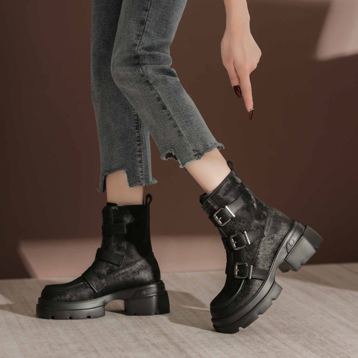 Ge Mei Ni National Trend Martin Boots Women 2024 Genuine Leather Heightening Thick-soled Boots Fashionable All-match Short Boots Women 2208-1