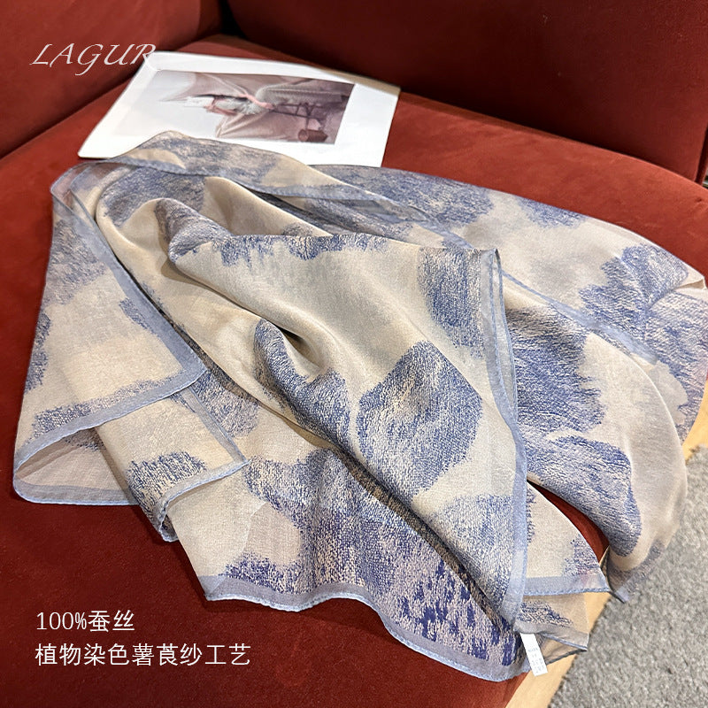 幽蓝薯莨植物染!100%桑蚕丝丝巾真丝薄款丝巾披肩长条围巾送妈妈
