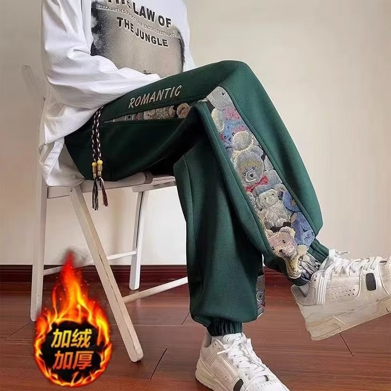 Pantalones deportivos con puños bordados de oso para hombre | Novedad otoño 2023 | Moda estilo chino | Tallas grandes | Pantalones deportivos casuales holgados