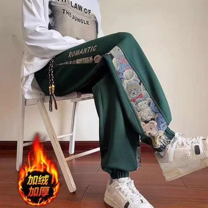 Pantalones deportivos con puños bordados de oso para hombre | Novedad otoño 2023 | Moda estilo chino | Tallas grandes | Pantalones deportivos casuales holgados