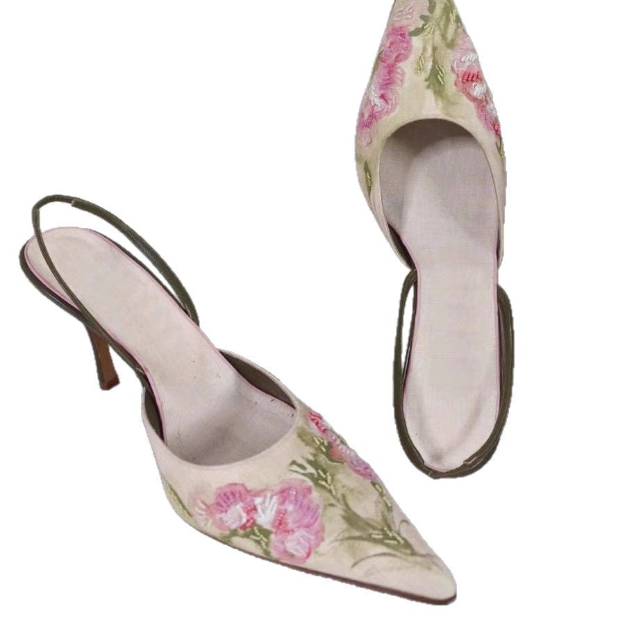 Sandalias de tacón alto con punta bordada y punta estrecha para mujer, zapatos sencillos de estilo chino con boca poco profunda y punta cerrada, para verano de 2024