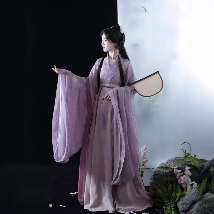 Banxia auténtico estilo Wei y Jin adulto Hanfu estudiante mujer estampado cuello cruzado mangas anchas estilo chino ocho falda rota antiguo traje diario
