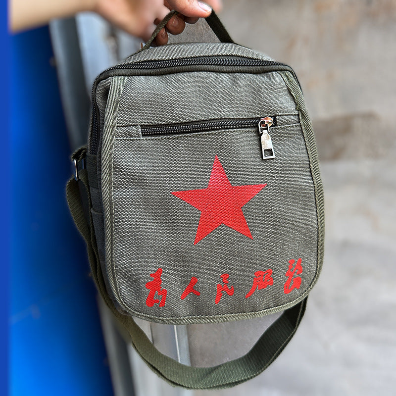Vintage Mao Zedong "Serve the People" Red Army Bag, Lei Feng Canvas Five-Pointed Star Crossbody Bag, Red Star Shoulder Bag, Green Retro Style