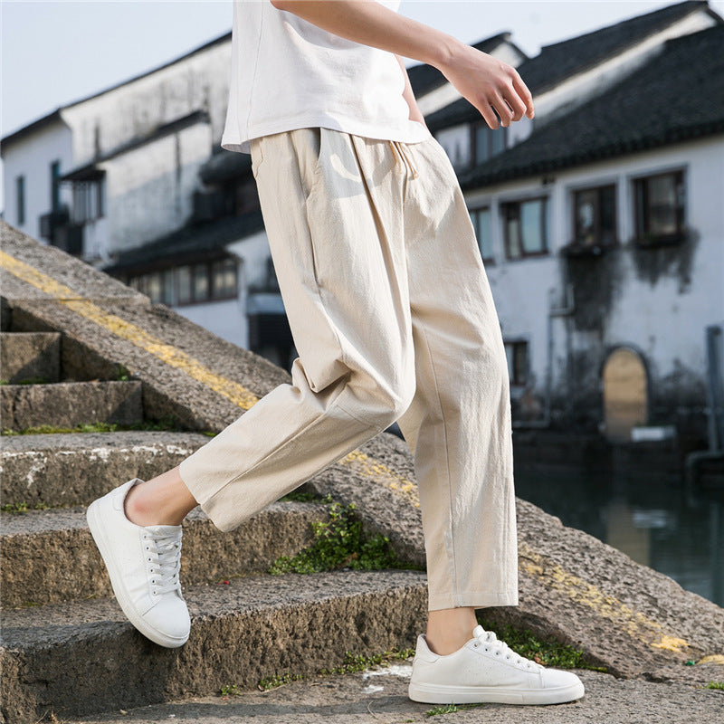 Pantalones de lino y algodón estilo chino para hombre | Pantalones harén ligeros, holgados y de pierna ancha para verano