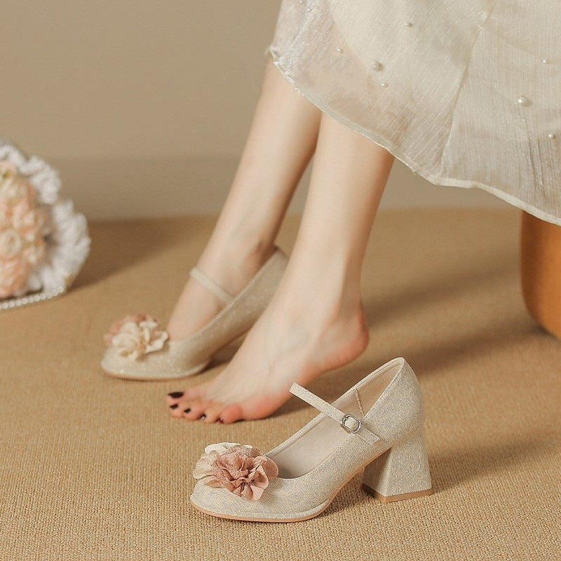 Zapatos Mary Jane para mujer 2025, nuevos zapatos de estilo chino, sandalias de punta redonda con una sola tira para mujer, tacones gruesos, tacones altos de boca baja para mujer
