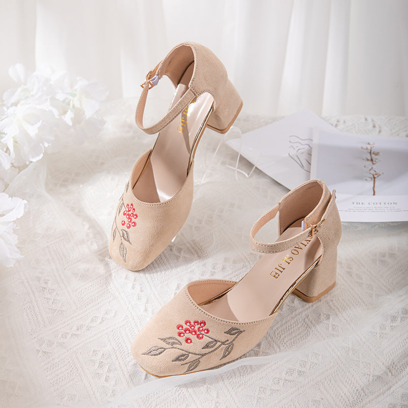Yuandai 2022 primavera y verano nuevos zapatos cheongsam de tacón alto con punta cuadrada bordados Mary Jane sandalias de estilo nacional retro zapatos de estilo étnico