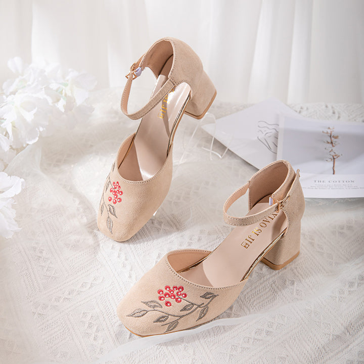 Yuandai 2022 primavera y verano nuevos zapatos cheongsam de tacón alto con punta cuadrada bordados Mary Jane sandalias de estilo nacional retro zapatos de estilo étnico