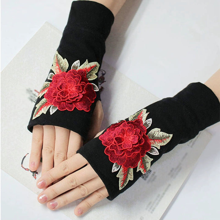 Guantes de medio dedo para mujer, cálidos y resistentes al frío, para conducir en otoño e invierno, guantes de algodón sin dedos de estilo chino con bordado y pantalla táctil, engrosados.