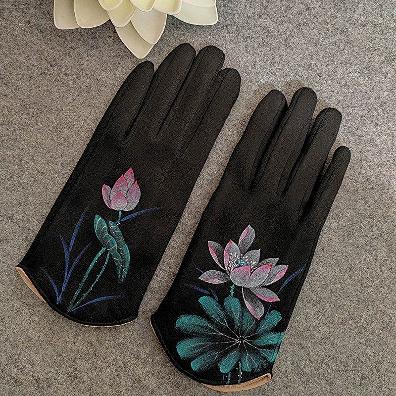 Qingcheng Original Hand-Painted Deerskin Velvet Lined Fingerless Warm Gloves, Autumn and Winter Artistic Collegiate Style, Chinese Style, Full-Finger Gloves