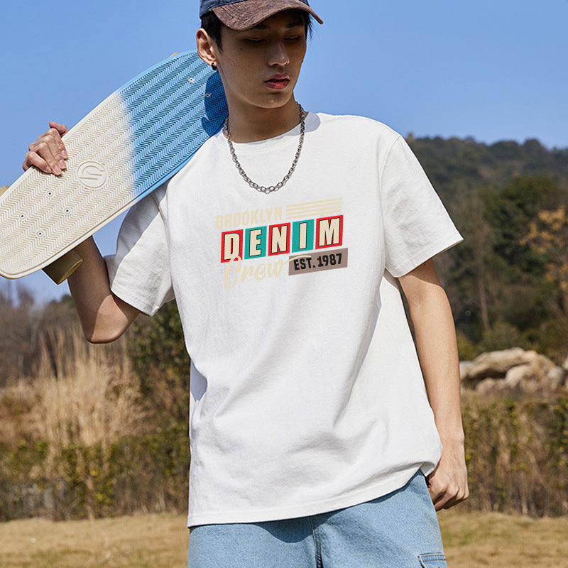 Camiseta holgada de algodón de manga corta para hombre, tendencia nacional, sencilla y pesada, para verano