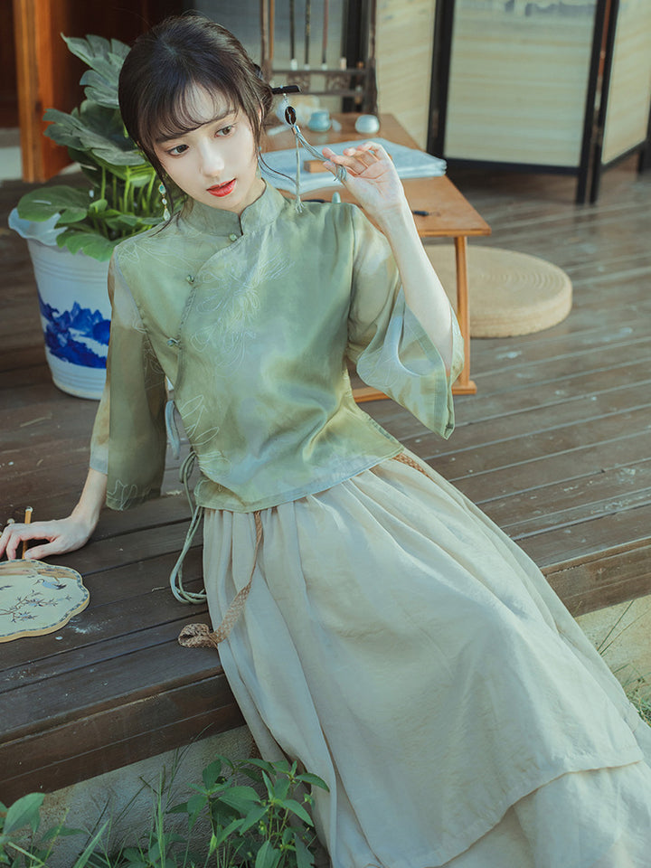 Original new Qingluo new Chinese Zen tea dress fairy girl cheongsam two-piece skirt improved Hanfu summer