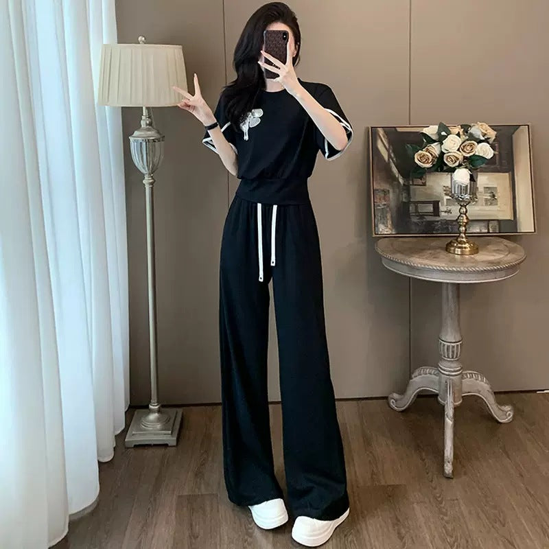 2024 Summer New Collection – Chinese Style Short Sleeve Set for Women, Fashionable & Elegant Casual Sports Set with Wide-Legged Pants, Two-Piece Set