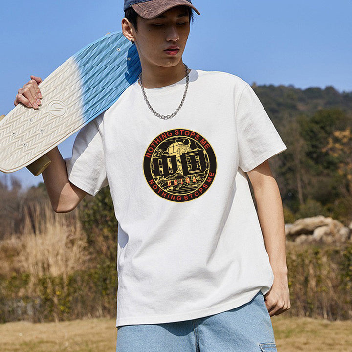 Camiseta holgada de algodón de manga corta para hombre, tendencia nacional, sencilla y pesada, para verano