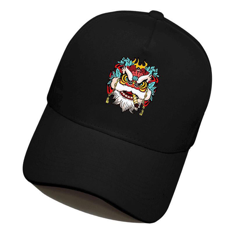Gorra de estilo chino para hombre: gorra de béisbol bordada con danza del león, tendencia nacional, gorra de pico de pato estilo hip-hop para cabezas grandes.