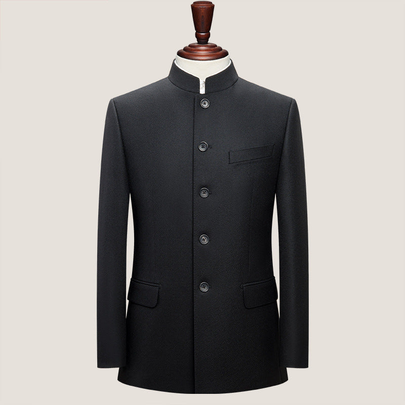 Traje de hombre de pura lana peinada, ajustado, chino, con cuello alto, para jóvenes, estilo nacional, estilo étnico, color negro