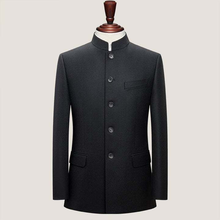 Traje de hombre de pura lana peinada, ajustado, chino, con cuello alto, para jóvenes, estilo nacional, estilo étnico, color negro