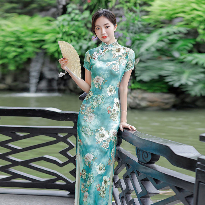 Vestido cheongsam largo de verano 2025, doble capa, talla grande, retro, mejorado, ajustado, para uso diario.