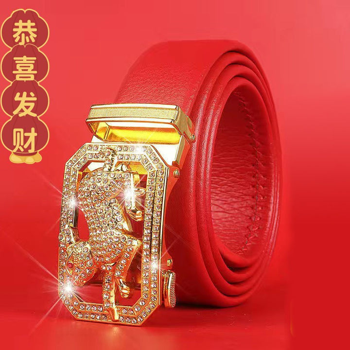 Cinturón del Zodiaco para Hombre: Piel Genuina, Hebilla Automática, Cinturón Rojo para el Año del Zodiaco, Ropa de Negocios e Informal, Regalo de Boda Perfecto