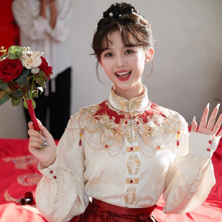 Traje de boda Hanfu chino | Conjunto de top bordado + falda Ma Mian + hombros Yun