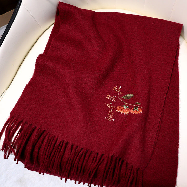 Multiple Styles of National Trend Embroidered Merino Wool Scarves for Women – Red Dragon Year Gift, Autumn and Winter Warmth, Neck Wrap for Mom