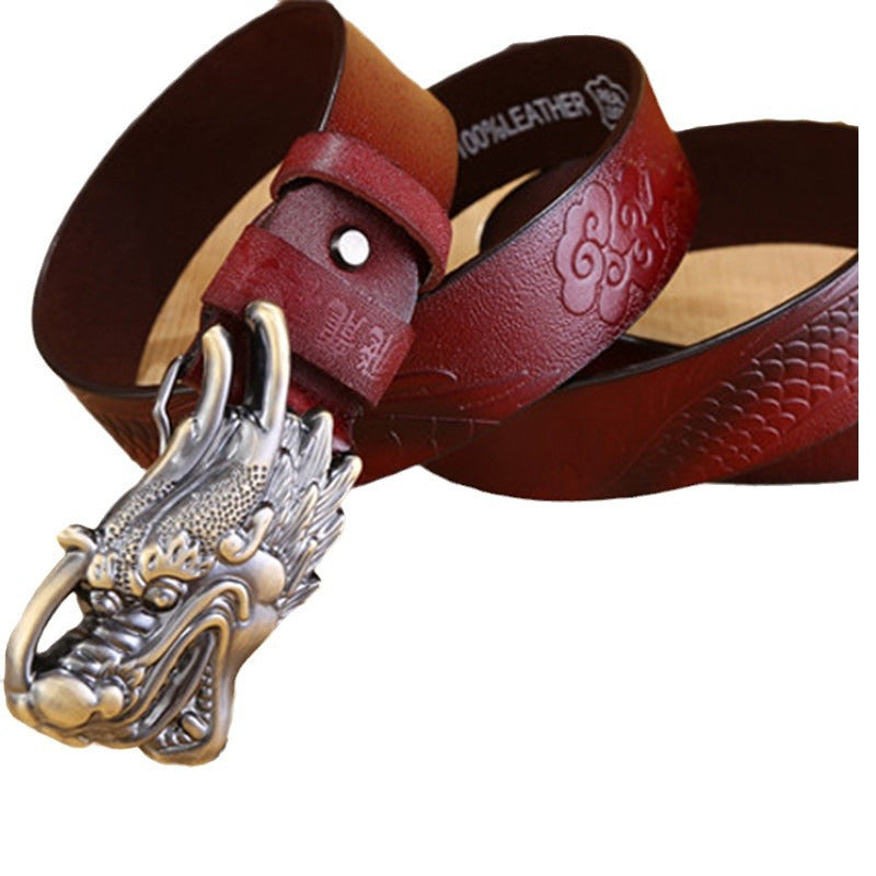 Cinturón de piel de dragón estilo chino para hombre: piel de vaca auténtica con hebilla lisa, diseño de dragón 3D, hebilla de placa llamativa y única. Envío directo disponible.