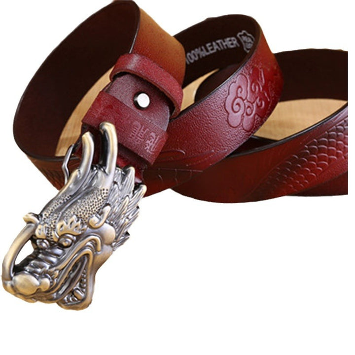 Cinturón de piel de dragón estilo chino para hombre: piel de vaca auténtica con hebilla lisa, diseño de dragón 3D, hebilla de placa llamativa y única. Envío directo disponible.
