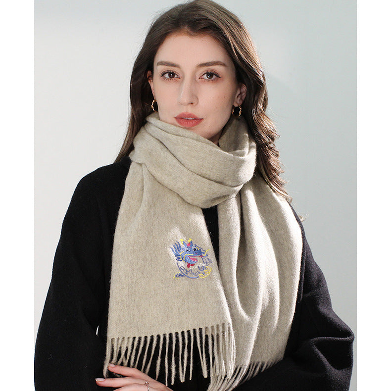 Multiple Styles of National Trend Embroidered Merino Wool Scarves for Women – Red Dragon Year Gift, Autumn and Winter Warmth, Neck Wrap for Mom