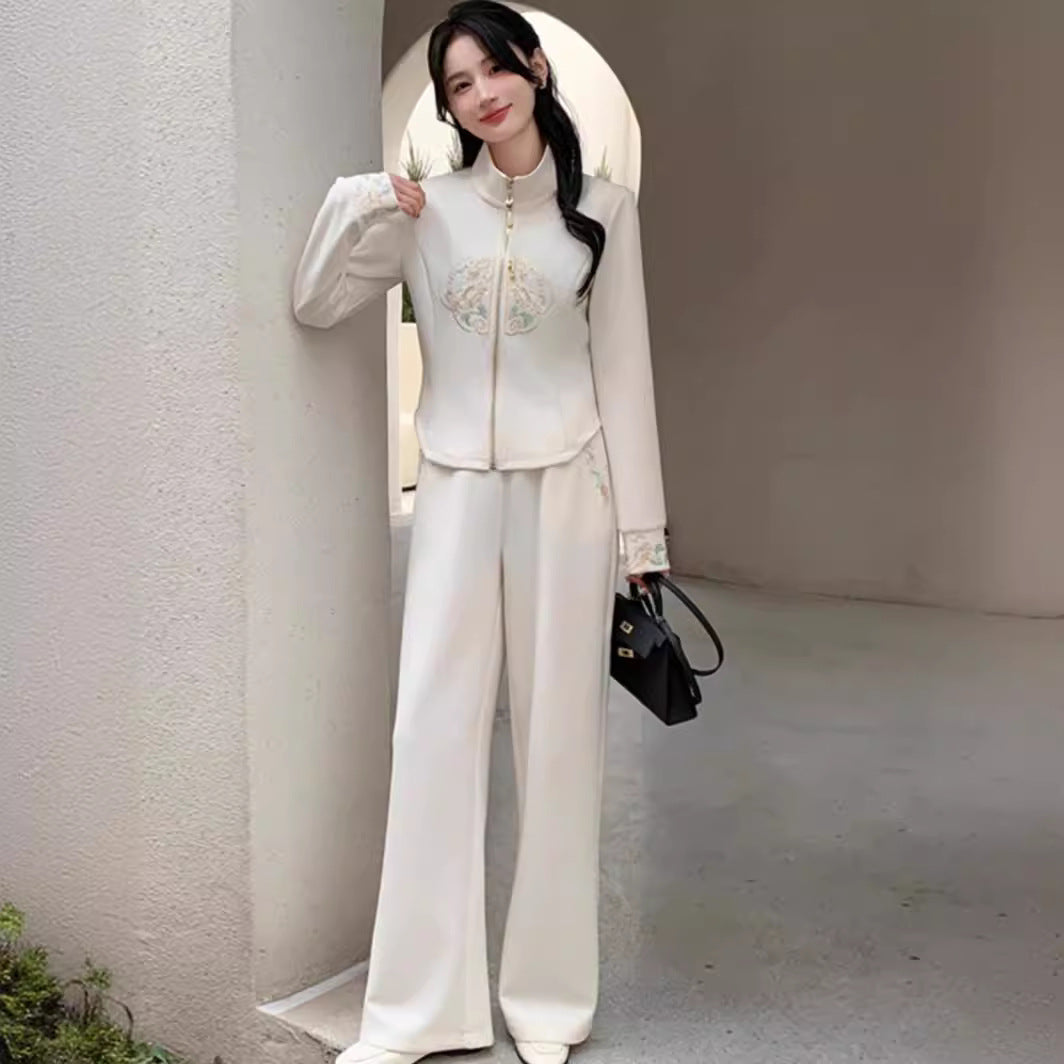 Conjunto deportivo informal de estilo chino para mujer, primavera 2024, con cárdigan abierto elegante y pantalones anchos.