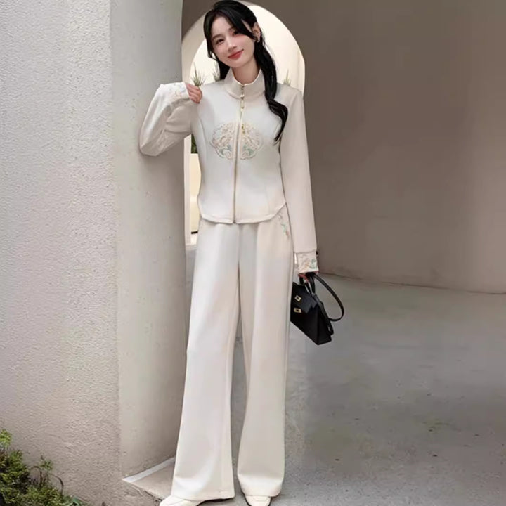 Conjunto deportivo informal de estilo chino para mujer, primavera 2024, con cárdigan abierto elegante y pantalones anchos.