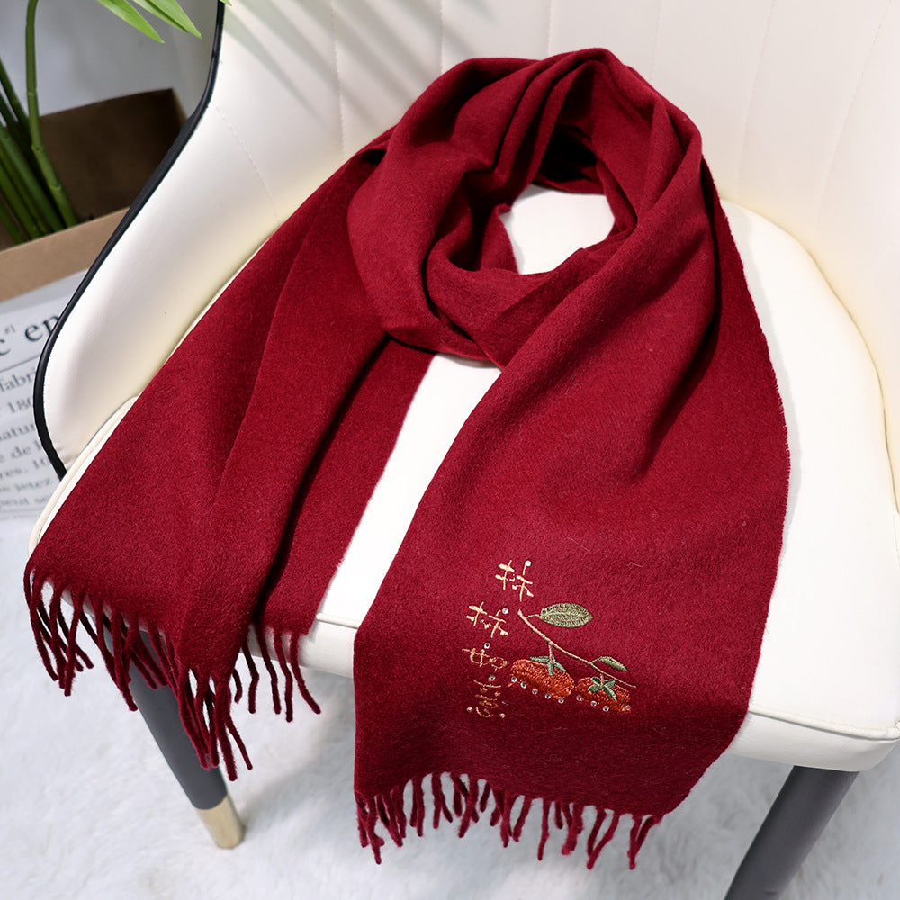 Multiple Styles of National Trend Embroidered Merino Wool Scarves for Women – Red Dragon Year Gift, Autumn and Winter Warmth, Neck Wrap for Mom