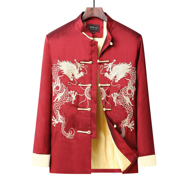 Embroidered Golden Double Dragon Cuffed Tang Suit | Men's Long Sleeve Jacket | Spring, Autumn, and Winter Casual Stand Collar Coat