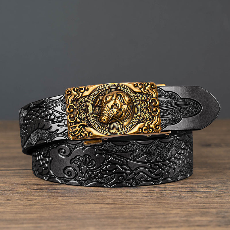 Nueva oferta: Cinturón con hebilla automática del zodiaco y grabado de dragón, de piel de vacuno de doble capa, moderno, informal y con un diseño atrevido.