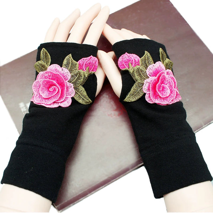 Guantes de medio dedo para mujer, cálidos y resistentes al frío, para conducir en otoño e invierno, guantes de algodón sin dedos de estilo chino con bordado y pantalla táctil, engrosados.