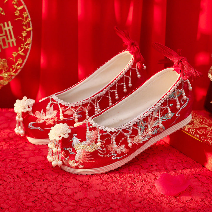 2024 Spring New Beaded Xiuhe Wedding Shoes – Tassel Embroidered Ancient Style Hanfu Bridal Shoes