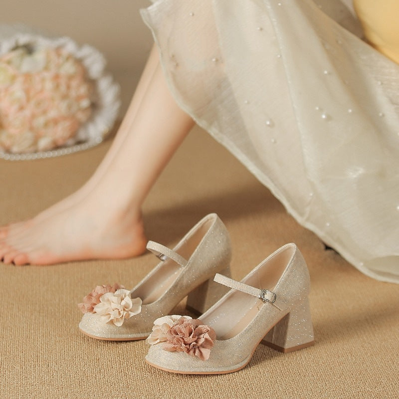Zapatos Mary Jane para mujer 2025, nuevos zapatos de estilo chino, sandalias de punta redonda con una sola tira para mujer, tacones gruesos, tacones altos de boca baja para mujer