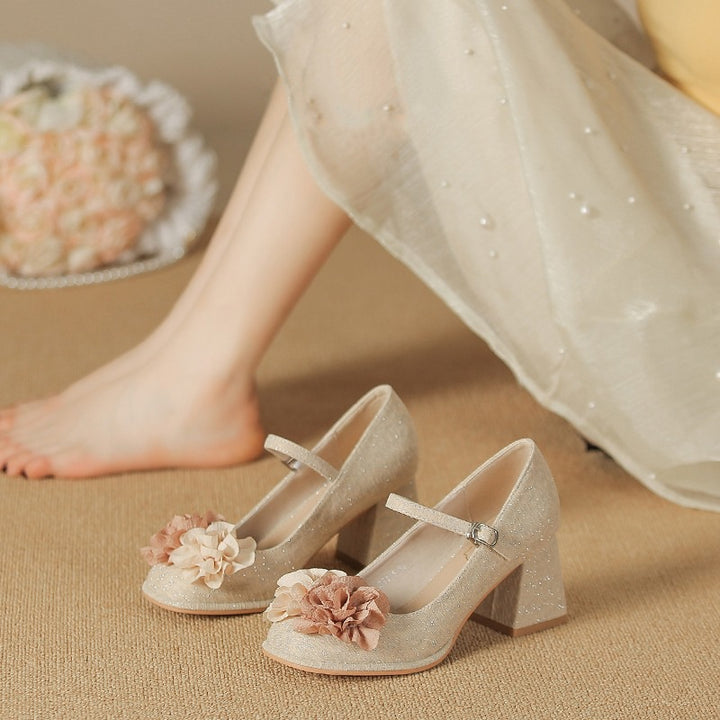 Zapatos Mary Jane para mujer 2025, nuevos zapatos de estilo chino, sandalias de punta redonda con una sola tira para mujer, tacones gruesos, tacones altos de boca baja para mujer