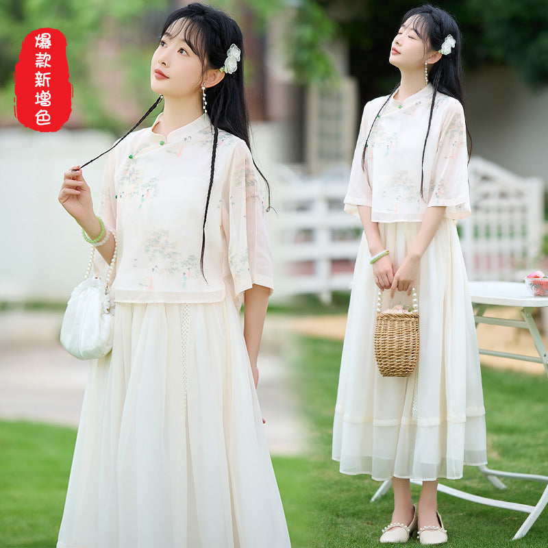 Original new Qingluo new Chinese Zen tea dress fairy girl cheongsam two-piece skirt improved Hanfu summer