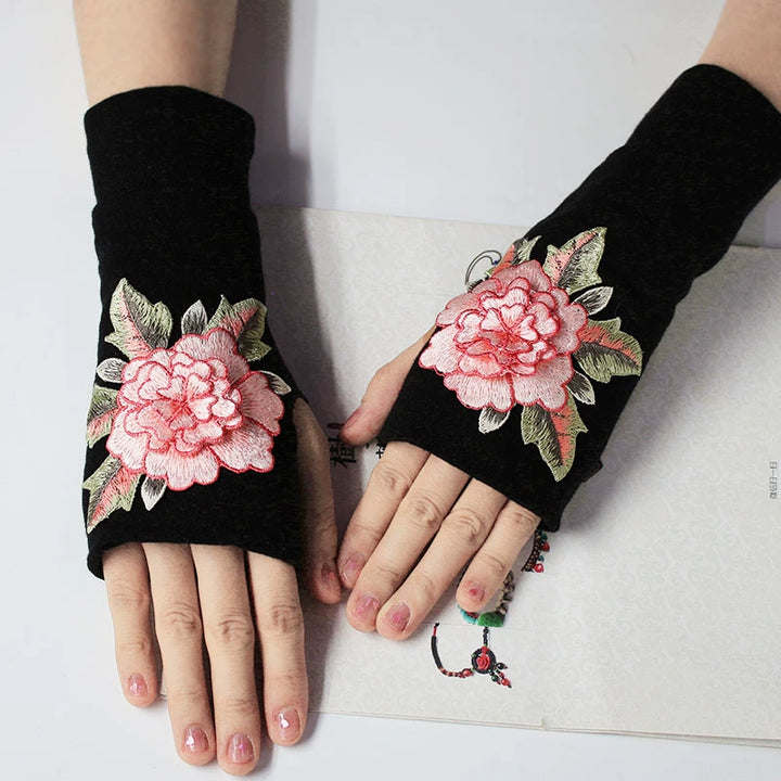 Ethnic Style Half-Finger Gloves for Women, Wrist Guard, Chinese Style Embroidered Half-Finger Gloves, Scar Concealing, Yang Liping Embroidery, Autumn and Winter Warmth, Thickened, Touchscreen Compatible