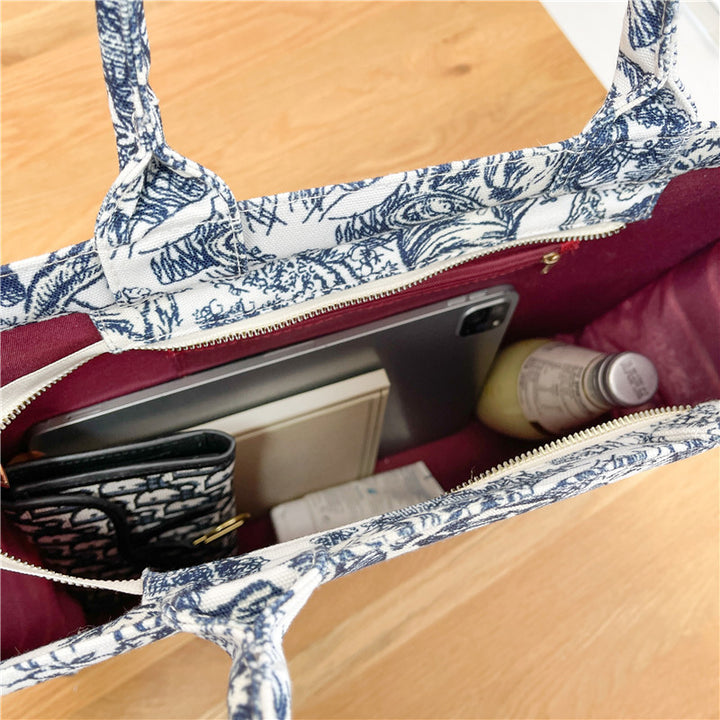 Embroidered Canvas Tiger Tote Bag – Chinese Style Handbag for Shopping and Commuting