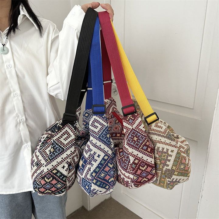Chinese-Inspired Ethnic Style Dumpling Bag 2023 New Design with Colorful Pendant, Shoulder, and Crossbody Striped Tote