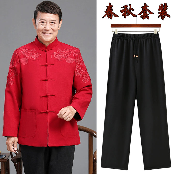 Traje Tang para hombres mayores | Chaqueta casual estilo chino para abuelo | Conjunto de primavera y otoño para boda de papá en Zhongshan