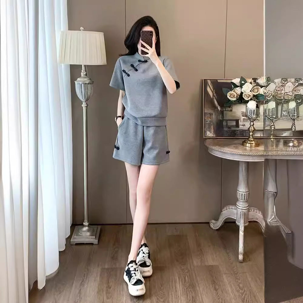 2024 Summer New Trendy Chinese Style Sports Set for Women – Stylish Button-Closure Top and Shorts Two-Piece Set