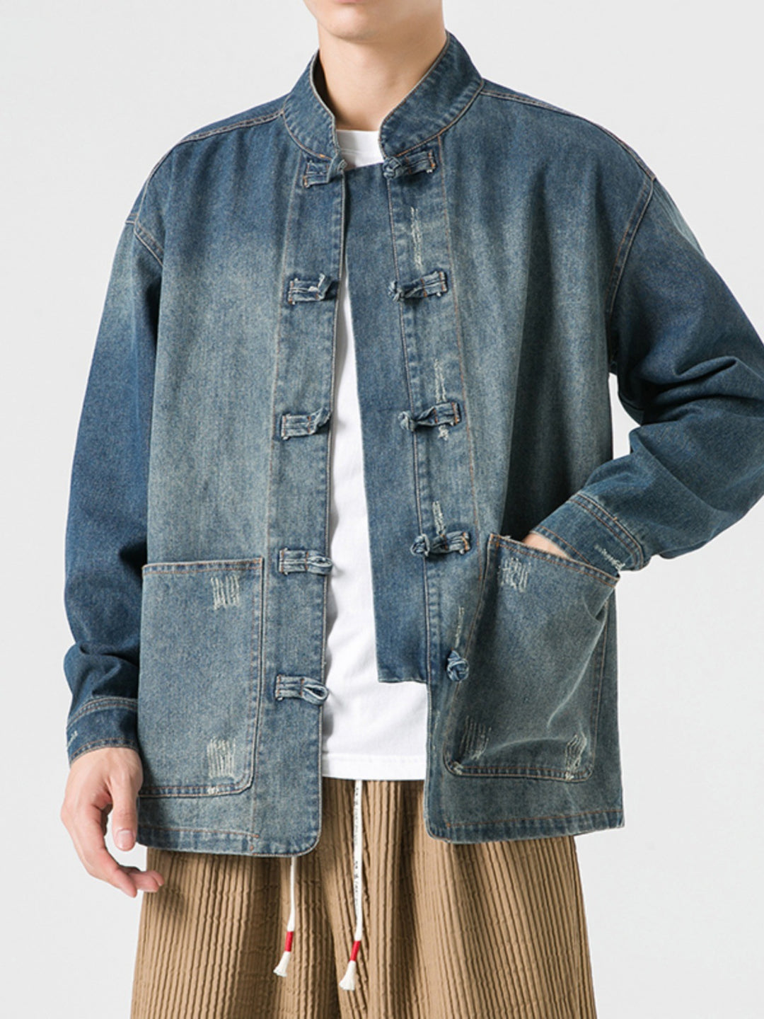 Autumn-Winter Chinese Style Men's Denim Jacket | Loose Fit Vintage Zhongshan Jacket | Chinese Tang Jacket