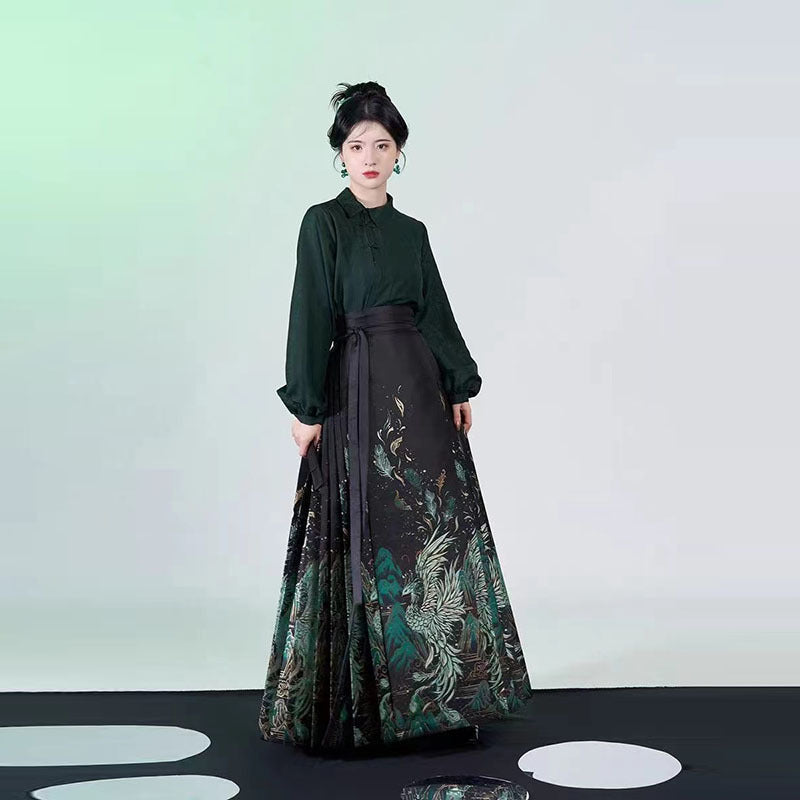 Qing Fenghuang Chinese Mamen Skirt Set | Modernized Hanfu with Gold-Weave Floral Design