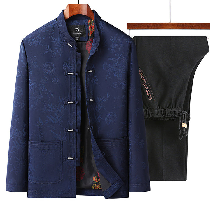 Traje Tang para hombre de otoño e invierno | Chaqueta de algodón para abuelos mayores | Abrigo polar grueso retro | Conjunto Hanfu para papá