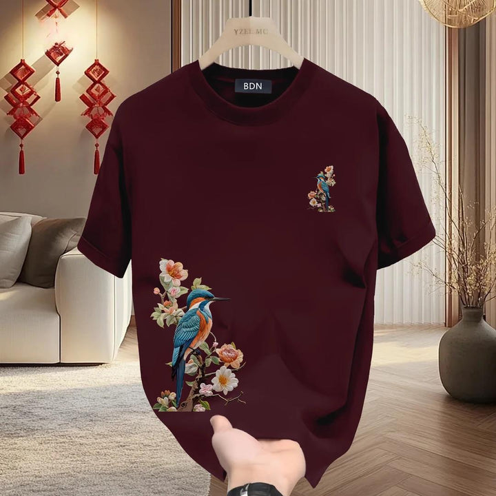 2025 New Year's New Light Luxury Clothes Short Sleeve Creative National Trend Printing Wine Red Men's Half Sleeve T-shirt Men