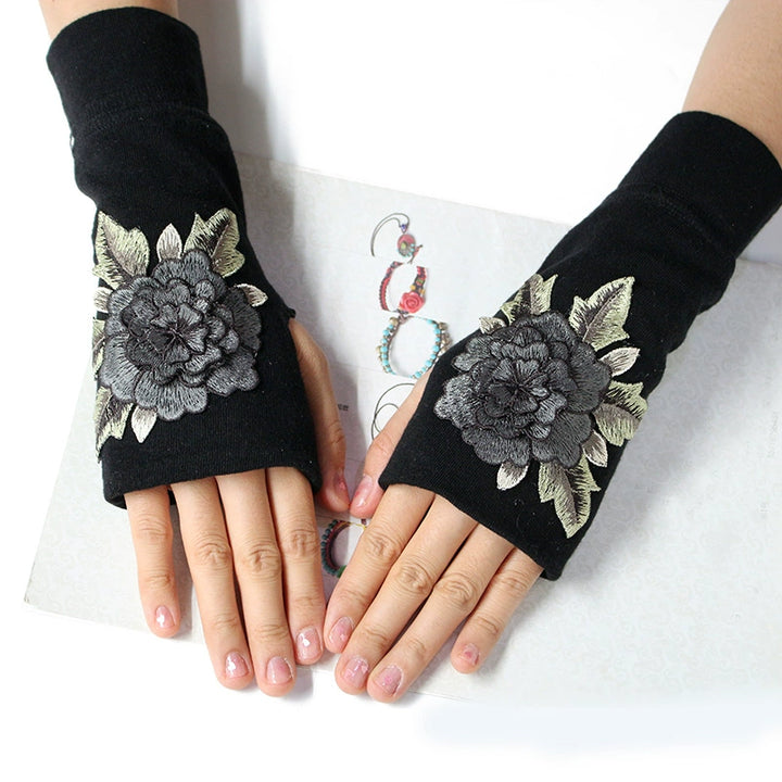 Ethnic Style Half-Finger Gloves for Women, Wrist Guard, Chinese Style Embroidered Half-Finger Gloves, Scar Concealing, Yang Liping Embroidery, Autumn and Winter Warmth, Thickened, Touchscreen Compatible